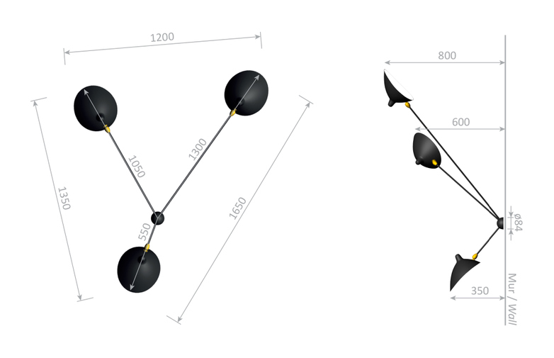 Wall Lamp with Three Fixed Arms