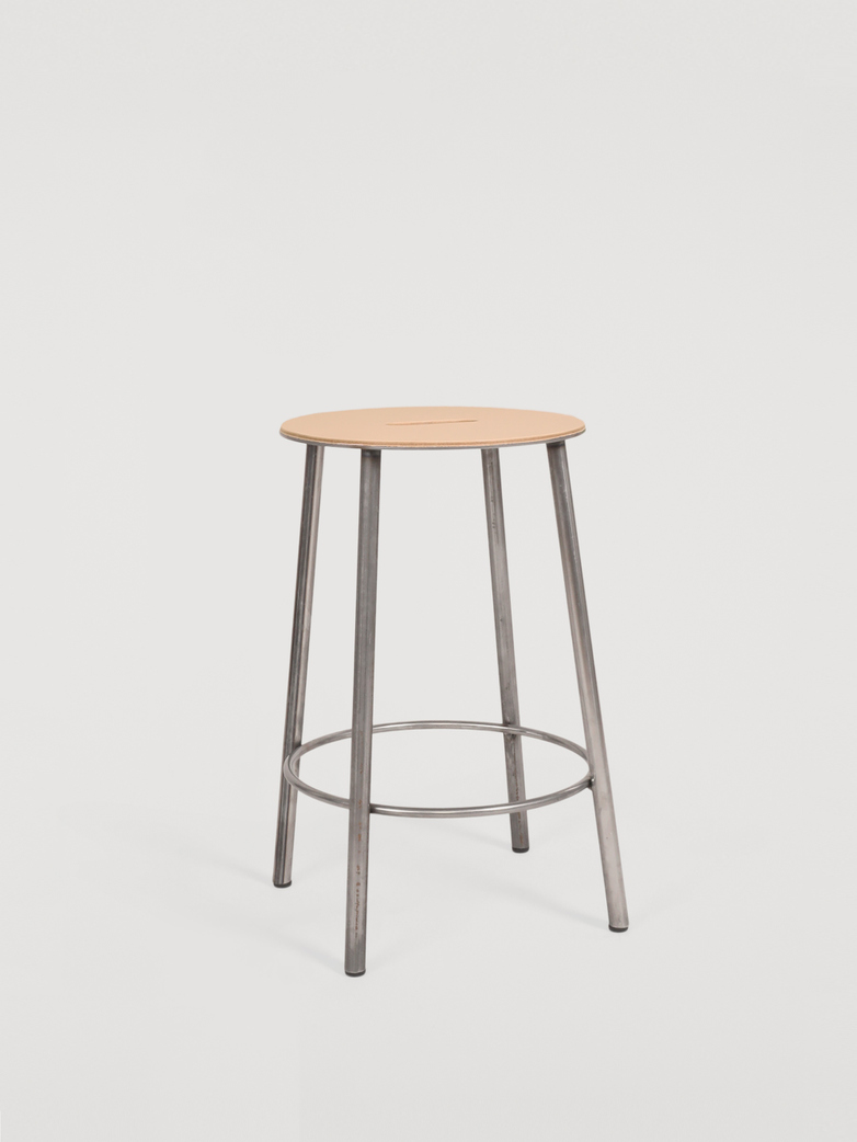 Adam Stool Round Leather - Raw Steel