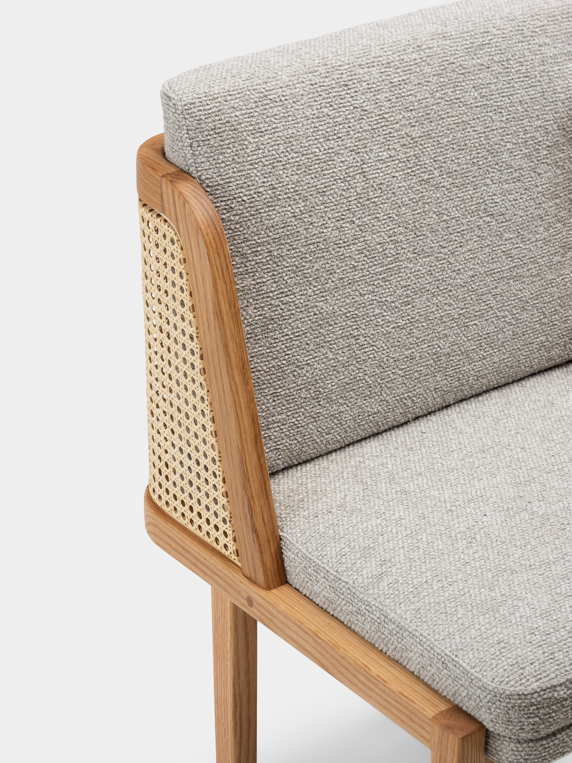 40360 0f492fc55d 272 Throne Dining Chair With Rattan By Autoban For De La Espada In Danish Oiled Oak And Moss 005 Fabric Detail3 Whitebkgrnd67330 Portrait