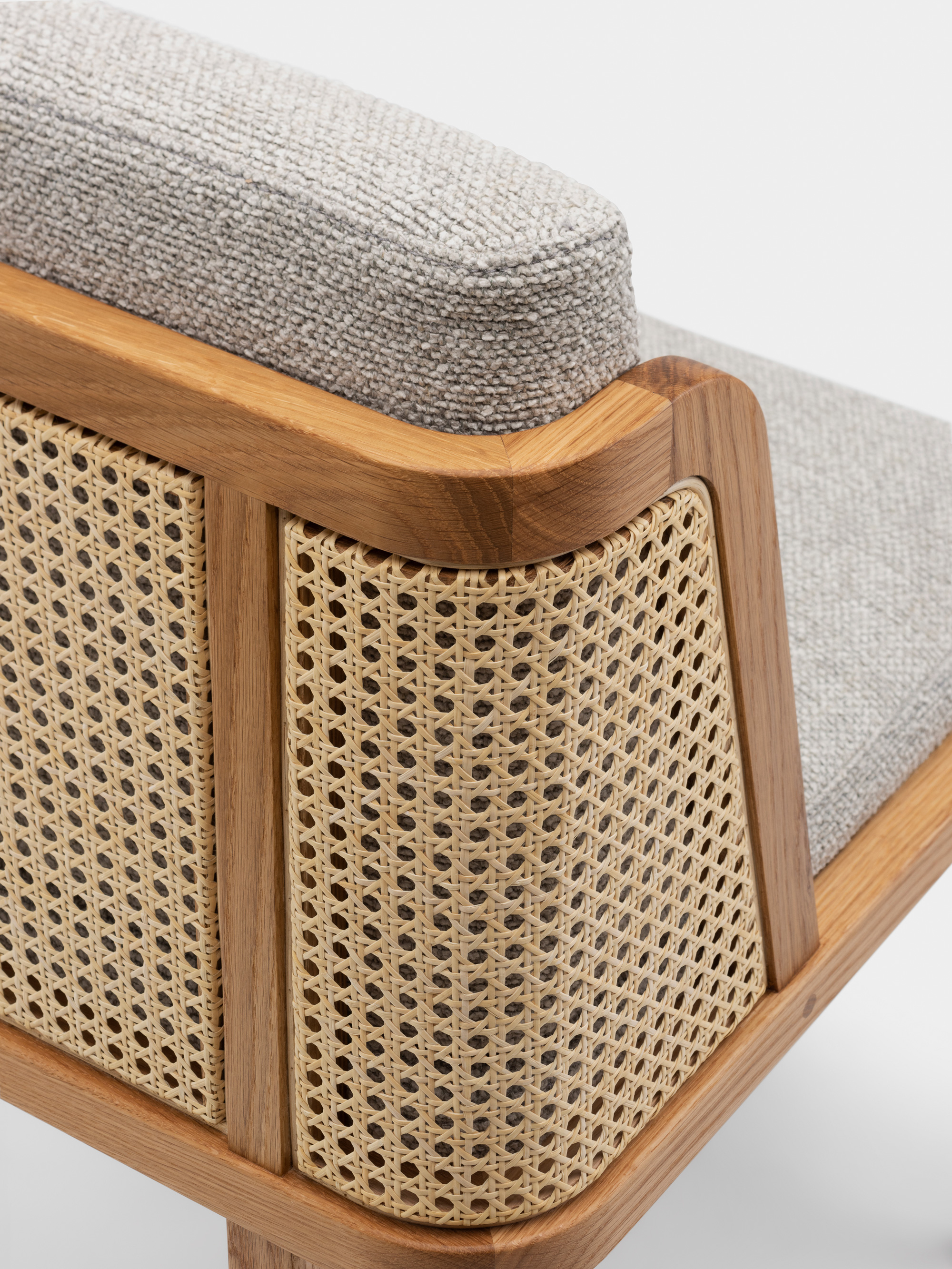 40360 8b98eb06e4 272 Throne Dining Chair With Rattan By Autoban For De La Espada In Danish Oiled Oak And Moss 005 Fabric Detail4 Whitebkgrnd67331 Portrait