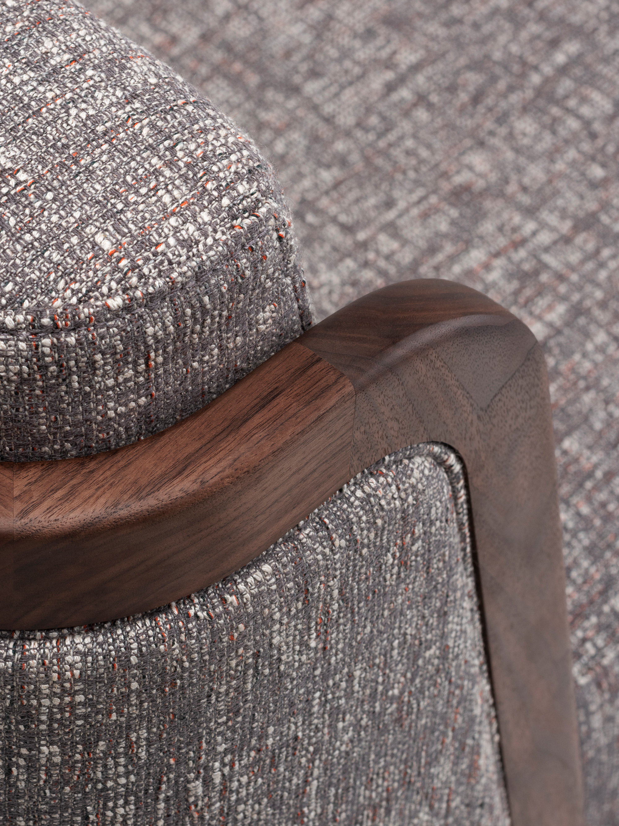 40361 9c1c6aa4be 269 Throne Lounge Chair With Upholstery By Autoban For De La Espada In Danish Oiled Walnut And Sonar 3 153 Detail5 Whitebkgrnd67285 Portrait