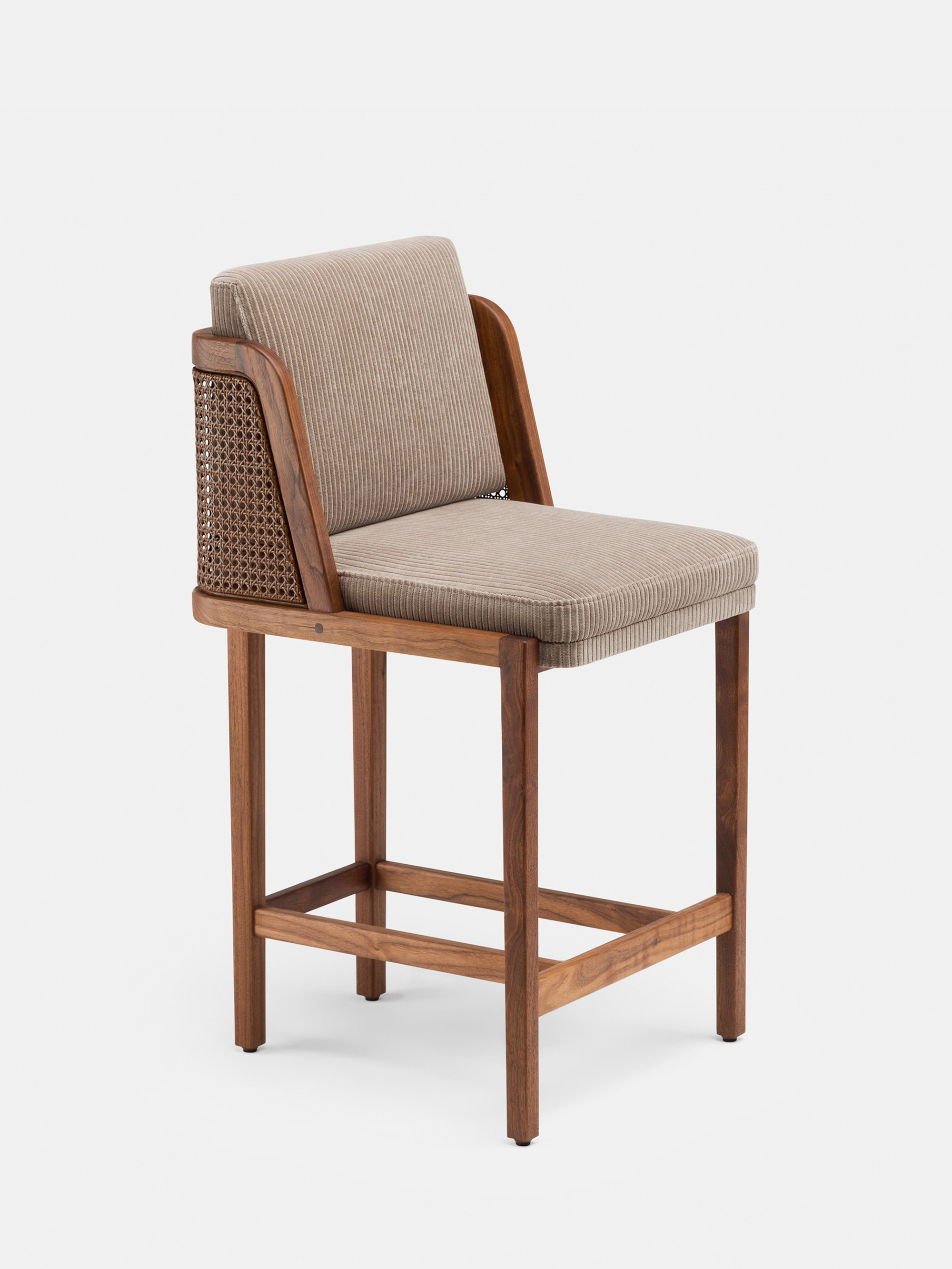 40597 A75ca69065 Throne Breakfast Bar Stool With Rattan By Autoban For De La Espada In Danish Oiled Walnut And Phlox 243 Fabric Whitebkgrnd Zoom Portrait