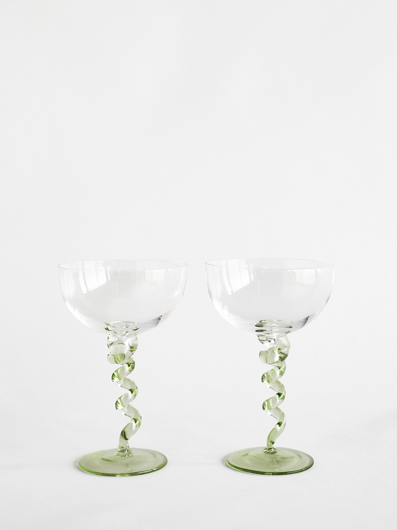 Spiral Champagne Coupe - Green - Set of 2